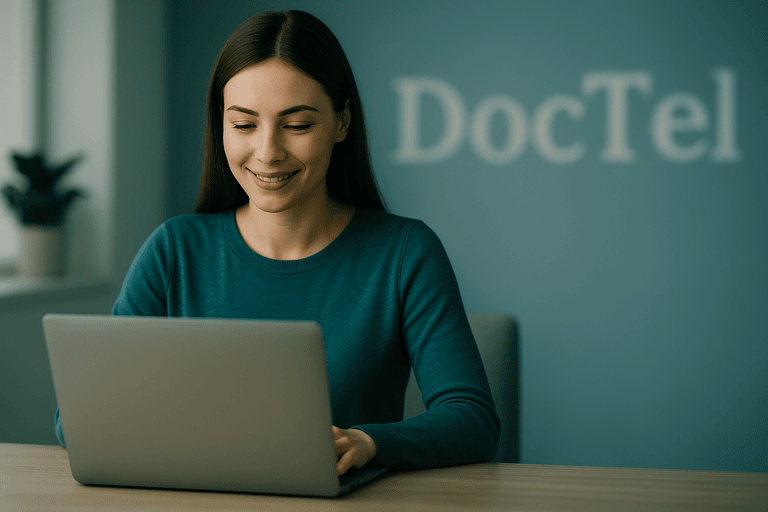 DocTel Telehealth Across Australia Woman using a laptop during an online telehealth consultation, with the blurred DocTel logo in the background.